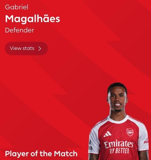 开云APP-定海神针，加布里埃尔当选布莱顿vs阿森纳全场最佳球员